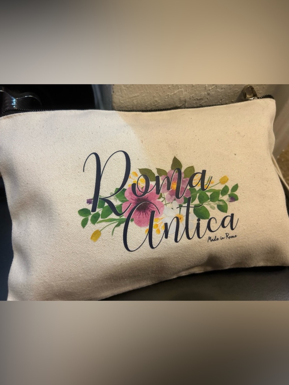 Floral Canvas Zip Pouch with 'Roma Antica' Script
